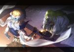  1boy 1other androgynous aora arabian_clothes armor back bangs blonde_hair blood blood_on_face bloody_clothes collar earrings enkidu_(fate/strange_fake) eyebrows_visible_through_hair fate/grand_order fate/strange_fake fate_(series) gauntlets gilgamesh gilgamesh_(caster)_(fate) green_eyes green_hair hair_between_eyes hand_on_own_chest holy_grail_(fate) injury jewelry long_hair male_focus necklace open_mouth robe shine short_hair sunlight turban upper_body very_long_hair 