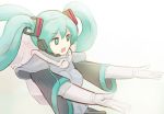  1girl armor blue_eyes blue_hair commentary english_commentary floating_hair fusion gloves hatsune_miku headphones long_hair long_sleeves lutherniel microphone open_mouth shoulder_armor sister_of_battle solo spaulders twintails vocaloid warhammer_40k white_gloves wide_sleeves 
