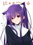  1girl animal_ear_fluff animal_ears asagami_fujino blush cat_ears exa_(koyuru) highres kara_no_kyoukai long_hair purple_hair red_eyes sweatdrop white_background 