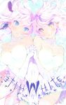  2girls aqua_eyes closed_eyes clothing_request copyright_request dress elf english_text gloves heart highres looking_at_viewer multicolored_hair multiple_girls pink_hair pointy_ears siblings simple_background smile tinkle_bell twins white_dress white_hair yellow_eyes 