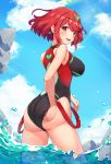  1girl ass bangs black_swimsuit blush breasts cowboy_shot earrings from_behind from_below highres homura_(xenoblade_2) jewelry kiiro_kimi large_breasts looking_at_viewer one-piece_swimsuit red_eyes red_hair short_hair sky solo swept_bangs swimsuit tiara water xenoblade_(series) xenoblade_2 