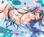  1girl bangs black_hair breasts bug butterfly butterfly_hair_ornament character_name cherry_blossoms cleavage collarbone commentary covering covering_breasts crossed_arms eyebrows_visible_through_hair eyelashes hair_ornament insect kimetsu_no_yaiba kochou_kanae lily_pad lips lipstick long_hair lying makeup medium_breasts nude on_side parted_bangs parted_lips partially_submerged petals purple_eyes solo wanashiro water 