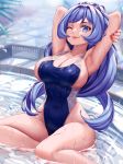  1girl ;) armpits arms_behind_head arms_up artist_name bangs blue_eyes blue_hair boku_no_hero_academia breasts enmanuelart20 hadou_nejire highleg highleg_swimsuit highres large_breasts long_hair looking_at_viewer one-piece_swimsuit one_eye_closed pool red_lips red_nails sideboob sitting smile solo swimsuit very_long_hair water wet wet_clothes 