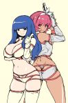  2girls back-to-back bangs blue_eyes blue_hair boots bow breasts cleavage dirty_pair eyebrows_visible_through_hair hair_bow hairband highres kei_(dirty_pair) kuzukago_(bitchmaker) large_breasts light_smile long_hair looking_back multiple_girls pointing red_eyes red_hair redesign short_hair thigh_boots thighhighs thong v-shaped_eyebrows white_hairband yuri_(dirty_pair) 
