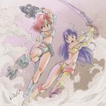  2girls ammunition blue_eyes blue_hair boots bouncing_breasts breasts cleavage dirty_pair dual_wielding dust dynamic_pose highres holding jumping kei_(dirty_pair) kiichi knee_boots long_hair looking_down looking_to_the_side midriff multiple_girls navel oldschool red_eyes red_hair short_hair signature sword v-shaped_eyebrows weapon yuri_(dirty_pair) 