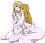  2girls ass blonde_hair bodysuit breasts brown_hair holding_hands long_hair looking_at_viewer mori_yuki multiple_girls open_mouth purple_eyes ribonzu simple_background skin_tight uchuu_senkan_yamato uchuu_senkan_yamato_2199 white_background yurisha_iscandar 