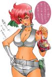  1girl blush breasts cleavage dark_skin dirty_pair green_headband gun hand_on_hip happy_valentine headband highres holding_chocolate holster holstered_weapon kei_(dirty_pair) looking_to_the_side midriff oldschool open_mouth red_eyes red_hair shiri_kodama_nuku_zou short_hair solo speech_bubble tan translation_request v-shaped_eyebrows valentine weapon 