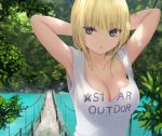  blonde_hair breasts cleavage close coffee-kizoku cropped forest green_eyes mele_retanagua original shade short_hair tree water 