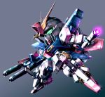  beam_saber chibi from_side glowing glowing_eyes gradient gradient_background green_eyes gun gundam gundam_zz highres holding holding_gun holding_weapon mecha no_humans robo_misucha solo weapon zz_gundam 