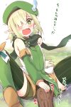  1girl aoi_(princess_connect!) arm_support bangs bare_shoulders beret blush boots commentary_request elf eyebrows_visible_through_hair green_eyes green_footwear green_hair green_headwear green_legwear green_scarf green_shirt green_shorts hair_over_one_eye hat highres knee_boots leaning_back log open_mouth pointy_ears princess_connect! princess_connect!_re:dive ryuki_(ryukisukune) scarf shirt short_shorts shorts sleeveless sleeveless_shirt solo speed_lines striped striped_legwear sweat thighhighs translation_request trembling vertical-striped_legwear vertical_stripes white_background 