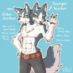  1:1 2_heads abs acky05 anthro belly belt blue_eyes bottomwear brother brothers buckle canid canine canis character_bio chest_tuft clothed clothing conjoined dichromatic_eyes duo ear_piercing ear_tuft english_text frown fur greeting grey_body grey_fur hand_gesture hand_on_hip hi_res humanoid_hands male mammal model_sheet multi_head multifur notes pants pawpads piercing sibling simple_background smile text topless tuft white_belly white_body white_fur wolf yellow_eyes 