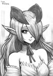  1girl bare_shoulders breasts cleavage closed_mouth commentary commission dated demon_girl detached_collar english_commentary greyscale hair_over_one_eye horns ilassa_(elh) large_breasts lilim_(monster_girl_encyclopedia) looking_at_viewer lutherniel monochrome monster_girl_encyclopedia neck_ribbon one_eye_covered pointy_ears ribbon signature solo upper_body 