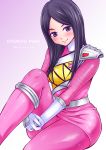  1girl abe_tsukumo black_hair blush bodysuit breasts closed_mouth gloves highres kyoryu_pink long_hair looking_at_viewer pantyhose skirt smile solo super_sentai zyuden_sentai_kyoryuger 