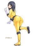  1girl abe_tsukumo ass bodysuit breasts engine_sentai_go-onger gloves highres long_hair looking_at_viewer open_mouth rouyama_saki simple_background smile solo super_sentai thumbs_up white_background yellow_bodysuit 