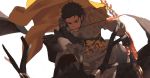  1boy armor arrow_(projectile) arrow_in_mouth bow_(weapon) brown_hair cape claude_von_riegan dark_skin dark_skinned_male dragon_horns dragon_riding fire_emblem fire_emblem:_three_houses gloves holding holding_weapon horns mouth_hold short_hair simple_background weapon yellow_cape zatsu7wy 