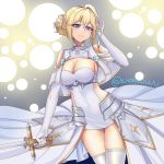  1girl absurdres azur_lane bare_shoulders blonde_hair blue_eyes breasts capelet cleavage dress elbow_gloves eyebrows_visible_through_hair gauntlets gloves hair_between_eyes hair_bun hand_in_hair highres holding holding_sword holding_weapon huge_filesize jeanne_d&#039;arc_(azur_lane) large_breasts noragoto skin_tight skindentation solo sword thighhighs weapon white_capelet white_dress white_gloves white_legwear 