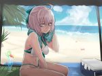  1girl ahoge aqua_bow b.d beach beach_mat beach_towel beach_umbrella bikini bow breasts cocktail cocktail_glass cooler cup drink drinking_glass fate/grand_order fate_(series) food fruit hair_bow highleg highleg_bikini layered_bikini lemon lemon_slice looking_at_viewer medium_breasts multi-strapped_bikini navel okita_souji_(fate) okita_souji_(fate)_(all) okita_souji_(swimsuit_assassin)_(fate) pink_eyes pink_hair sand smile solo swimsuit towel towel_around_neck umbrella white_bikini 