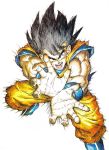  1boy absurdres annoyed attack black_eyes black_hair blue_footwear boots commentary cupping_hands dougi dragon_ball dragon_ball_z fighting_stance fingernails floating floating_hair frown full_body hands highres incoming_attack kamehameha legs_apart light looking_at_viewer male_focus messy_hair motion_blur muscle official_art open_mouth outstretched_arms screaming shaded_face simple_background son_gokuu speed_lines spiked_hair teeth toriyama_akira white_background wristband 