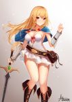  1girl abeen_jhong absurdres artist_name bangs belt belt_pouch blonde_hair blue_capelet boots bow braid breasts capelet dress elf eyebrows_visible_through_hair french_braid hair_between_eyes highres holding holding_sword holding_weapon large_breasts long_hair looking_at_viewer loose_belt orange_eyes original pointy_ears pouch red_bow short_dress side_braid solo strapless strapless_dress sword twin_braids vambraces very_long_hair weapon white_dress wind 