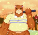  2020 animal_crossing anthro blush brown_body brown_fur clothing duston_douglas eyes_closed fur humanoid_hands male mammal nintendo outside overweight overweight_male shirt solo teddy_(animal_crossing) topwear ursid video_games 