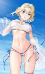  1girl absurdres ahoge1 aqua_eyes armlet ass_visible_through_thighs azur_lane bangs bare_shoulders bikini blonde_hair blue_choker blue_ribbon blue_sky breasts choker cross_choker day detached_sleeves eyebrows_visible_through_hair hair_bun hand_on_own_chest highres jeanne_d&#039;arc_(azur_lane) looking_at_viewer medium_breasts navel outdoors parted_lips pubic_tattoo ribbon see-through short_hair short_sleeves side-tie_bikini skindentation sky smile solo stomach swimsuit tattoo thigh_strap underboob white_bikini 