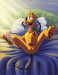  absurd_res anus balls bed bedroom_eyes bodily_fluids canid canine canis cum domestic_dog feral furniture genital_fluids genitals hi_res hyhlion knot male mammal masturbation narrowed_eyes pawpads paws pillow pluto_(disney) precum seductive solo tongue tongue_out 
