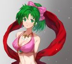  1girl breasts cleavage closed_mouth earrings fire_emblem fire_emblem:_genealogy_of_the_holy_war gradient gradient_background green_eyes green_hair highres jewelry jurge lene_(fire_emblem) long_hair necklace ponytail simple_background solo upper_body 
