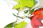  ambiguous_gender bodily_fluids clenched_teeth feral flower flower_in_mouth fur green_body green_eyes green_fur holding_flower holding_object legendary_pok&eacute;mon mouth_hold nintendo plant pok&eacute;mon pok&eacute;mon_(species) shaymin simple_background sky_forme_shaymin solo sushi1515 sushikawa tears teeth video_games white_background white_body white_fur すしかわ 