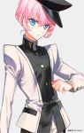  1girl akira_hou bangs blue_eyes crossdressing hat looking_at_viewer official_alternate_costume pink_hair school_uniform short_hair shoujo_kakumei_utena shoujo_kakumei_utena_adolescence_mokushiroku simple_background solo tenjou_utena 