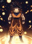  1boy arms_at_sides black_eyes black_hair blue_footwear boots clenched_hands commentary_request dark_background darkness dougi dragon_ball dragon_ball_(object) dragon_ball_z full_body glowing grin highres legs_apart lens_flare light light_particles light_rays looking_at_viewer male_focus orange_theme pectorals shaded_face signature smile son_gokuu spiked_hair standing tasaka_shinnosuke wristband 