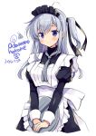  1girl alternate_costume apron artist_logo artist_name black_dress black_headwear blue_eyes commentary_request dated dress enmaided frilled_apron frills grey_neckwear kantai_collection long_hair looking_at_viewer maid maid_headdress neckerchief odawara_hakone one_side_up silver_hair simple_background smile solo suzutsuki_(kantai_collection) tray white_apron white_background 
