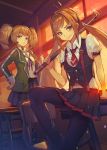  2girls bangs black_legwear blonde_hair blue_eyes chair collared_shirt desk green_jacket highres holding holding_weapon indoors jacket lead_pipe long_hair multiple_girls necktie novelia original school school_uniform shirt sitting skirt smile sunlight sunset twintails weapon white_shirt 