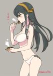  1girl alternate_costume bikini black_hair blush breasts cleavage cowboy_shot dazzle_paint eating eyebrows_visible_through_hair food from_side grey_background hair_ornament hairclip haruna_(kantai_collection) headgear holding holding_food kantai_collection kome_(vm500) large_breasts long_hair midriff navel remodel_(kantai_collection) simple_background solo swimsuit takoyaki twitter_username white_bikini 