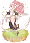  1girl ass braid closed_mouth fire_emblem fire_emblem_awakening flower from_behind full_body grass hairband haru_(nakajou-28) highres long_hair looking_back olivia_(fire_emblem) petals pink_eyes pink_hair ponytail see-through_sleeves smile solo twin_braids 
