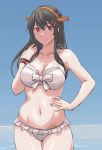  1girl absurdres bikini black_hair blue_sky brace breasts collarbone commentary_request cowboy_shot frilled_bikini frills front-tie_top hairband hand_on_hip haruna_(kantai_collection) headgear highres kantai_collection large_breasts long_hair looking_at_viewer navel outdoors red_eyes sky solo sozan standing swimsuit white_bikini 