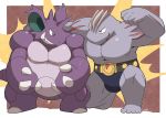  5_toes anthro belt black_bottomwear black_clothing bottomwear claws clothed clothing duo eye_contact fingers flexing grey_body grin horn looking_at_another machoke male markings nidoking nintendo pok&eacute;mon pok&eacute;mon_(species) purple_body purple_scales red_eyes scales smile teeth tekimi toes topless video_games white_outline 