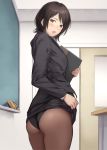 1girl :o amagami ass black_eyes black_hair black_jacket black_skirt black_swimsuit blush brown_legwear commentary_request competition_swimsuit cowboy_shot eraser from_behind holding indoors jacket lifted_by_self long_sleeves looking_at_viewer looking_back miniskirt nozomi-y one-piece_swimsuit open_mouth pantyhose pantyhose_under_swimsuit short_hair skirt skirt_lift sliding_doors solo swimsuit swimsuit_under_clothes takahashi_maya teacher 