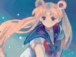  +_+ 1girl beanynne bishoujo_senshi_sailor_moon blue_background bow closed_mouth earrings hair_ornament headband heart highres jewelry long_hair looking_at_viewer magical_girl moon necklace sailor_collar sailor_moon sailor_moon_redraw_challenge school_uniform simple_background solo star star_(sky) twintails 