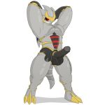  1:1 alpha_channel anthro balls banette bottomless claws clothed clothing english_text erection genitals giratina hands_behind_head hybrid legendary_pok&eacute;mon male muscular nintendo notkastar pecs penis pok&eacute;mon pok&eacute;mon_(species) red_eyes signature simple_background smile solo text video_games 