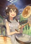  1girl apron bangs blush_stickers braid brown_hair cooking crown_braid food frilled_apron frills frying_pan hair_between_eyes highres holding indoors novelia open_mouth original pancake pink_eyes solo spatula steam white_apron 