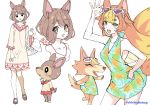  2girls animal animal_ears basket deer deer_ears deer_girl doremi_(doubutsu_no_mori) doubutsu_no_mori dress eyelashes eyewear_on_head green_eyes halter_dress mary_janes monika_(doubutsu_no_mori) multicolored_hair multiple_girls orange_fur personification pineapple_print shoes shuri_(84k) sunglasses tail wolf wolf_ears wolf_girl wolf_tail 