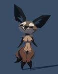 anthro areola bat-eared_fox big_ears blue_background breasts brown_body canid canine clothing female footwear footwear_only fox hi_res high_heels high_heels_only mammal mostly_nude multicolored_body navel nibhaaz nipples nude pubes signature simple_background solo standing tail