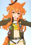  1girl 2-butani :d absurdres animal_ears black_ribbon blush brown_background brown_eyes brown_jacket commentary_request cowboy_shot dog_tags ear_ribbon groin hair_between_eyes highres horse_ears horse_girl horse_tail jacket long_sleeves looking_at_viewer mayano_top_gun_(umamusume) navel one-hour_drawing_challenge open_clothes open_jacket orange_hair outstretched_arms puffy_long_sleeves puffy_sleeves ribbon short_shorts shorts simple_background smile solo standing tail thigh_gap twitter_username two_side_up umamusume white_shorts 