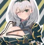  1girl armor braid breasts chest_guard chest_strap cleavage cleavage_cutout closed_mouth clothing_cutout crossed_arms green_eyes grey_hair hanma_(user_emma7355) highres hololive large_breasts mole mole_on_breast pauldrons shirogane_noel shirogane_noel_(1st_costume) short_hair shoulder_armor single_pauldron smile solo striped striped_background tiara upper_body vambraces virtual_youtuber 
