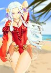  1girl absurdres arm_behind_head beach blue_sky blurry blurry_background breasts closed_mouth cloud commentary covered_navel edelgard_von_hresvelg edelgard_von_hresvelg_(summer) english_commentary feet_out_of_frame fire_emblem fire_emblem:_three_houses fire_emblem_heroes flower frills ghostypaint hair_flower hair_ornament highres horizon jewelry leotard long_hair medium_breasts necklace official_alternate_costume palm_tree purple_eyes red_leotard sky solo standing tree white_hair 