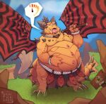 activision anthro belly big_belly bloated bottomwear bracelet claws clothing dragon hi_res jewelry loincloth magnus_(spyro) male necklace open_mouth outside overweight overweight_anthro overweight_male scales skaifox soft_belly solo speech_bubble spyro_reignited_trilogy spyro_the_dragon standing tail teeth tongue tongue_out wings