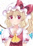  1girl amiguri ascot blonde_hair bow breasts closed_mouth collared_shirt crystal finger_to_mouth flandre_scarlet frilled_shirt_collar frills hair_between_eyes hat hat_bow lace-trimmed_ascot large_bow light_smile looking_at_viewer medium_hair mob_cap one_side_up puffy_short_sleeves puffy_sleeves red_bow red_eyes red_vest shirt short_sleeves simple_background small_breasts solo touhou upper_body vest white_background white_headwear white_shirt wings wrist_cuffs yellow_ascot 