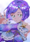  1girl absurdres ascot backlighting bare_shoulders commentary_request elbow_gloves ginga_sadame gloves green_eyes hands_up high_school!_kiratto_pri_chan highres kiratto_pri_chan looking_at_viewer parted_lips pretty_series purple_gloves purple_hair short_hair simple_background solo space_print sparkle sparkle_hair_ornament starry_sky_print tsujii_ruki upper_body white_ascot white_background 