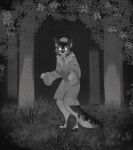 anthro big_bad_wolf_(shrek) canid canine canis clothing forest forest_background glowing glowing_eyes gown grass hat headgear headwear looking_at_viewer male mammal monochrome nature nature_background night nightgown plant raised_arms sanppa_popo shrub solo standing tree wolf