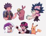  2boys 2girls aipom alternate_hairstyle animal_hug arm_up arms_up ash_ketchum backpack bag baseball_cap beanie black_eyes black_gloves black_hair black_shirt black_thighhighs black_vest blue_bag blue_hair blue_pants blush_stickers bracelet bright_pupils brock_(pokemon) brown_hair buck_teeth clenched_hands closed_eyes collared_shirt commentary crop_top cropped_torso dawn_(pokemon) facing_away fingerless_gloves gloves goodbye green_shirt grey_background hair_ornament hand_on_own_forehead hand_up happy hat highres hug jessie_(pokemon) jewelry long_hair looking_at_another lying mgomurainu miniskirt monkey multicolored_clothes multicolored_headwear multiple_boys multiple_girls on_stomach open_mouth orange_vest pachirisu pants pikachu pink_scarf pokemon pokemon_(anime) pokemon_(creature) pokemon_dppt_(anime) purple_hair reaching scarf shirt short_hair simple_background skirt sleeveless sleeveless_shirt spiked_hair squirrel standing static_electricity sudowoodo tearing_up teeth thighhighs upper_body vest waving white_headwear white_shirt white_skirt 